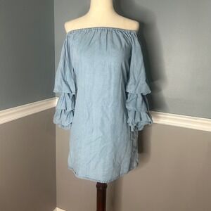 Zara Woman Denim Dress Off Shoulder‎ Ruffle Sleeve Light Blue XS
